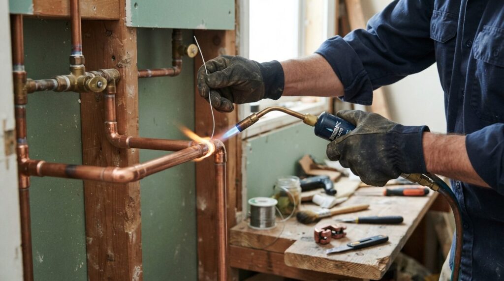 Close-up of licensed plumbers hands working on copper pipe 