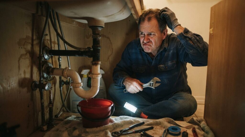Homeowner attempting DIY plumbing repair under sink with bas