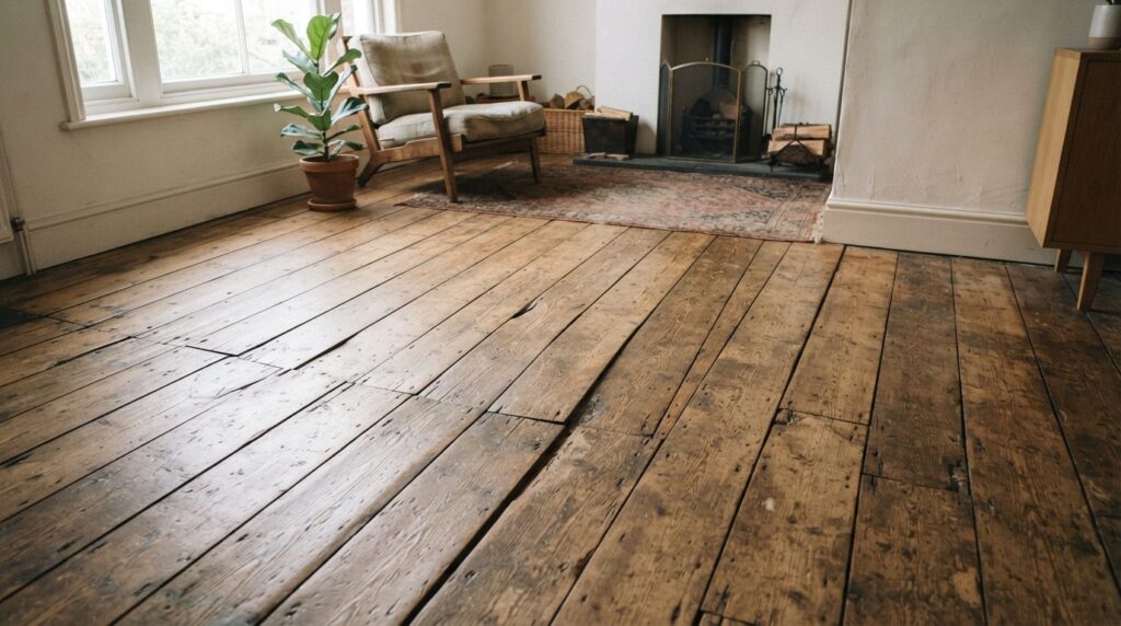 Wide-angle photograph of an uneven wooden floor in a residen