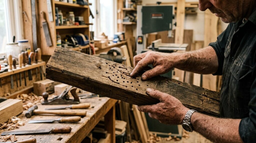 Woodworkers hands examining wooden beam with visible beetle