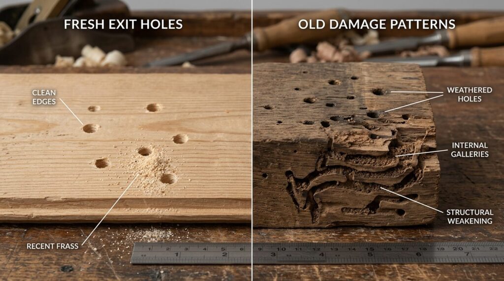 Side-by-side comparison of fresh anobium punctatum exit hole
