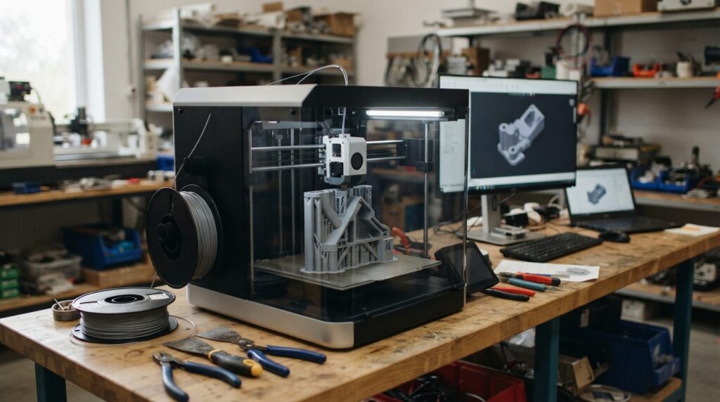 Modern 3D printer actively printing a white or gray plastic 