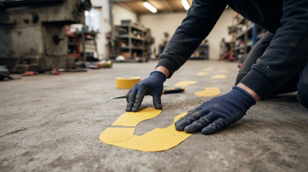 Close-up of hands applying cut-out anti-slip safety tape foo