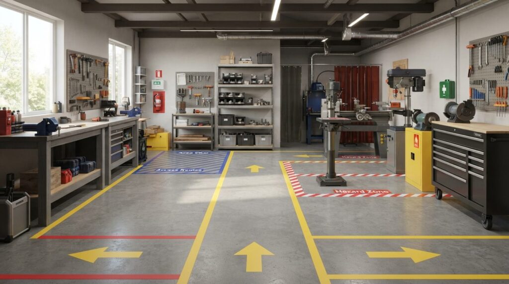 Home workshop interior showing completed floor markings with