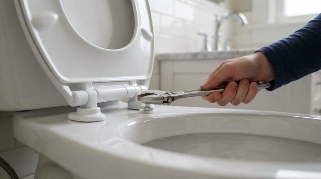 Close-up realistic photo of toilet seat mounting hardware an