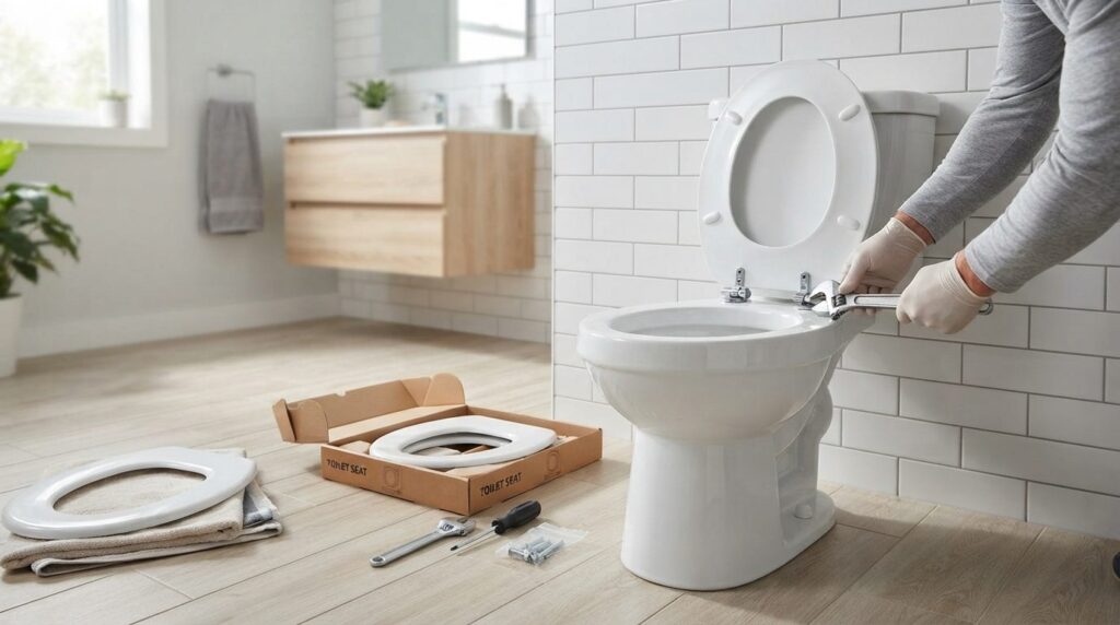 Wide shot of complete toilet seat replacement project layout